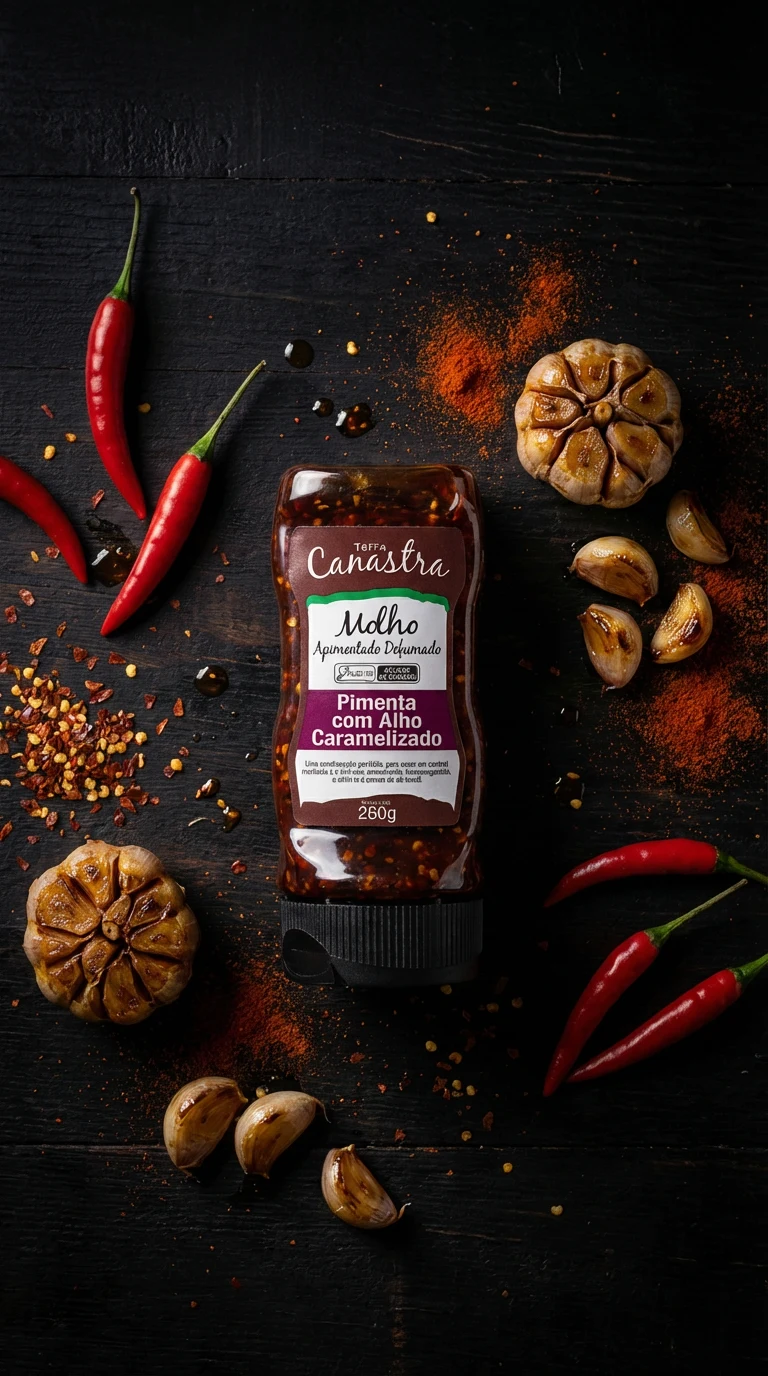 Molho com alhos assados, pimentas e páprica em mesa rústica